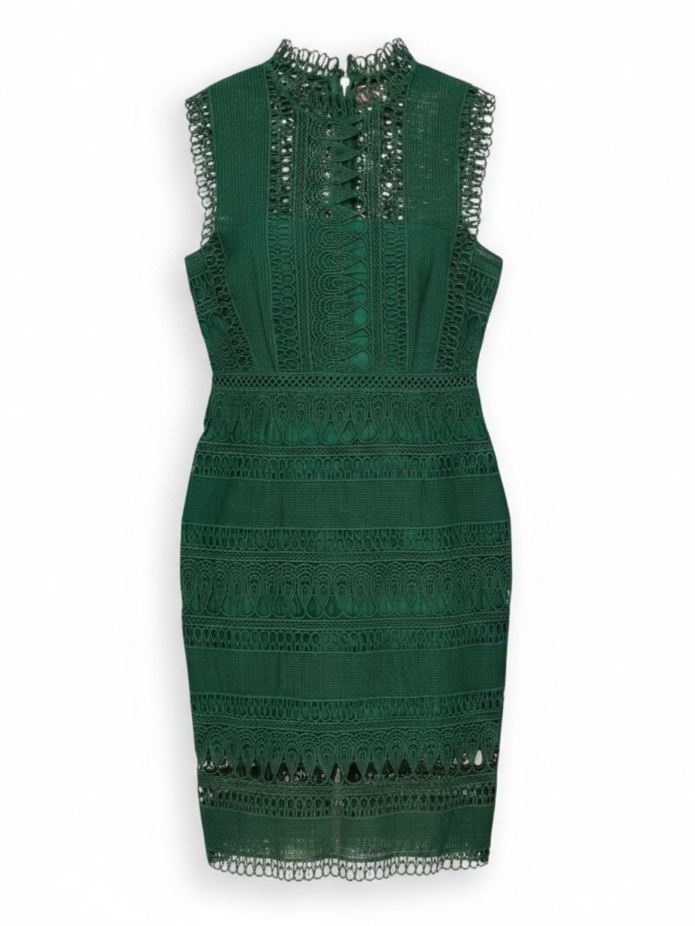 BARDOT ✘ Mariana Lace Panel Sheath Midi Dress Dark Green Mock Neck Cocktail, 8 M - Picture 4 of 7